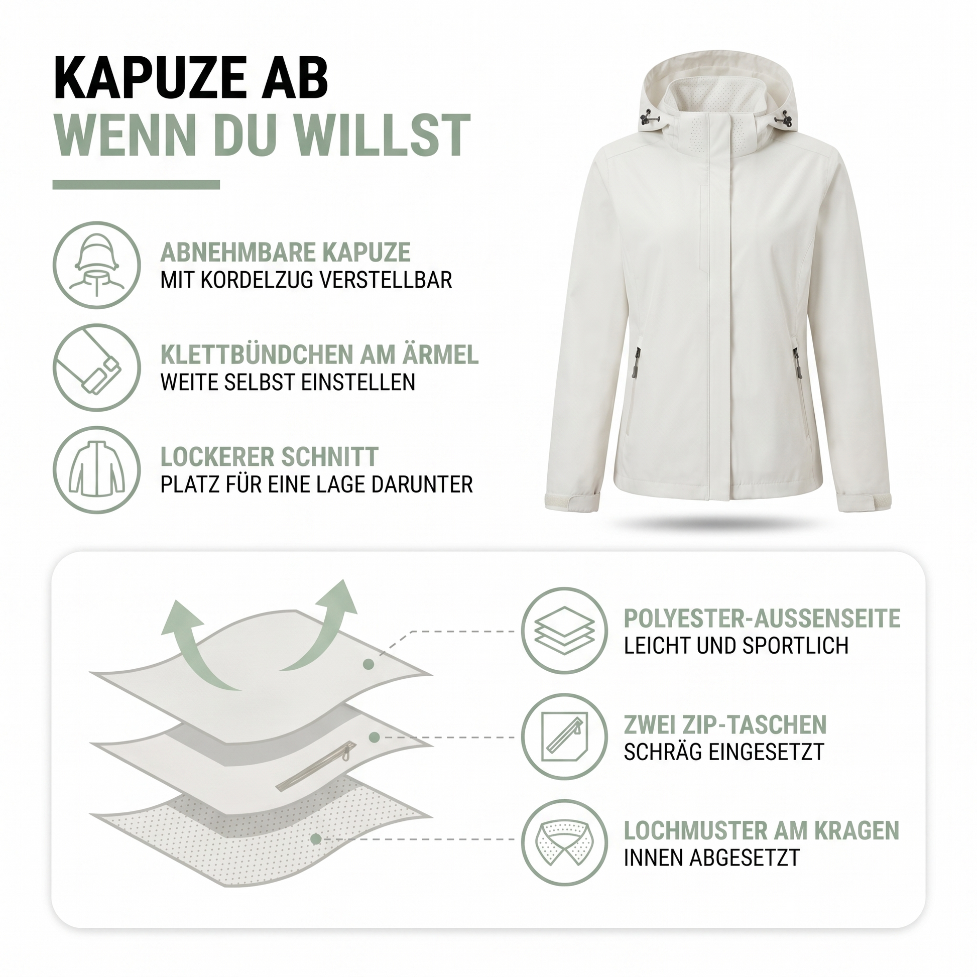Aufbau der Windjacke: Polyester-Außenseite, schräge Zip-Taschen und Lochmuster am Kragen