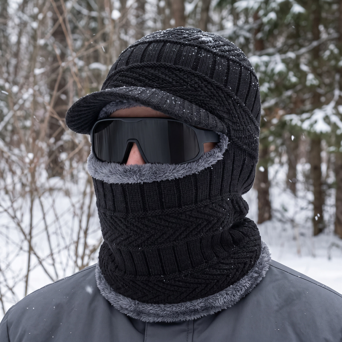 Balaclava mit Schirm in Schwarz im verschneiten Winterwald getragen