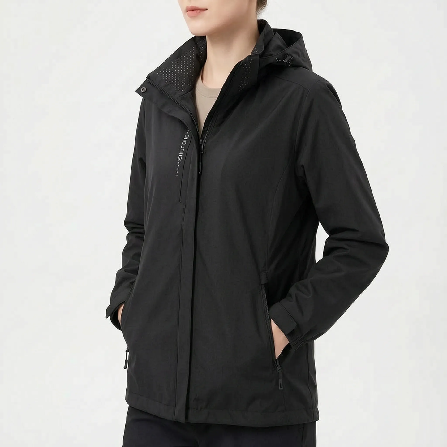 Leichte Windjacke für Damen in Schwarz mit abnehmbarer Kapuze