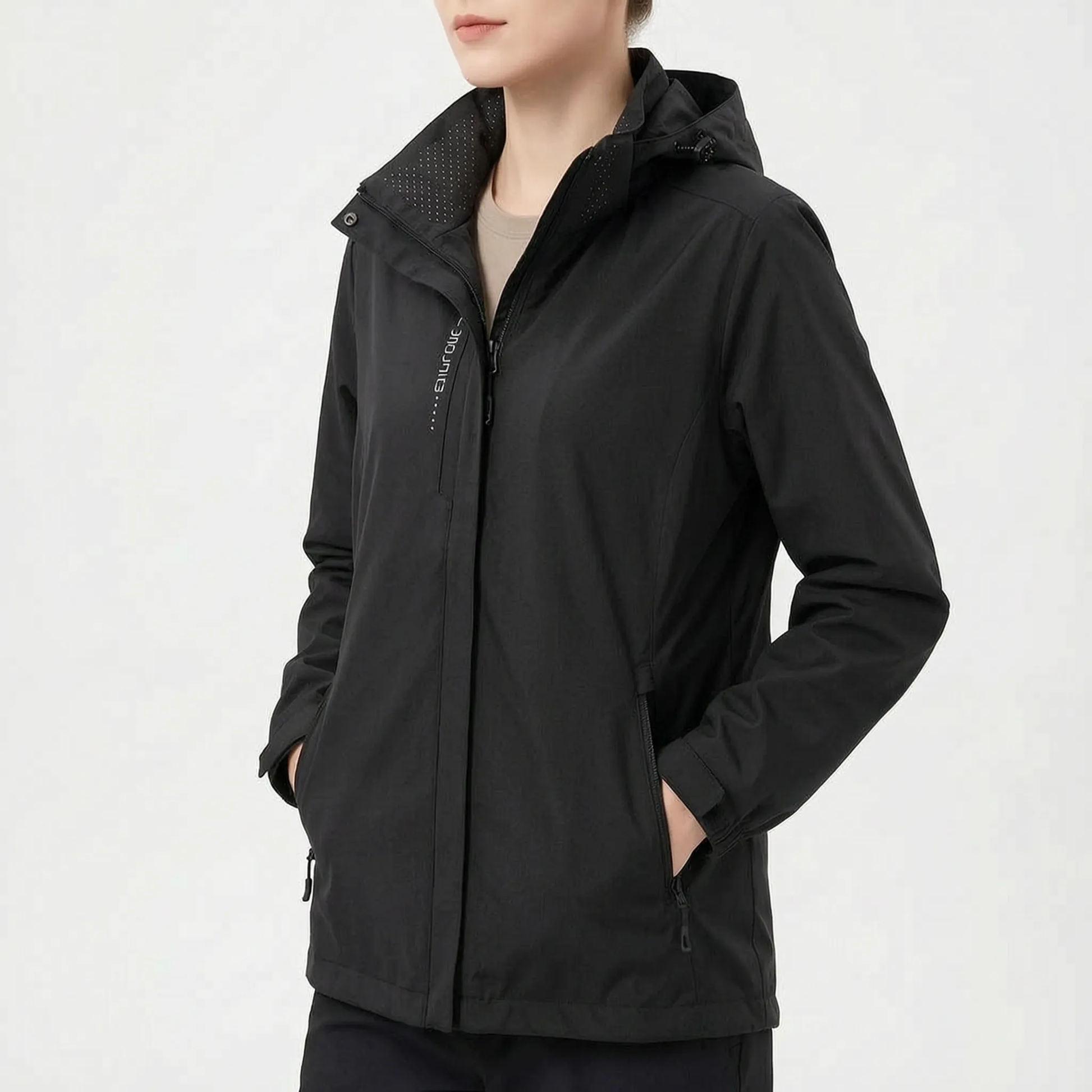 Leichte Windjacke für Damen in Schwarz mit abnehmbarer Kapuze