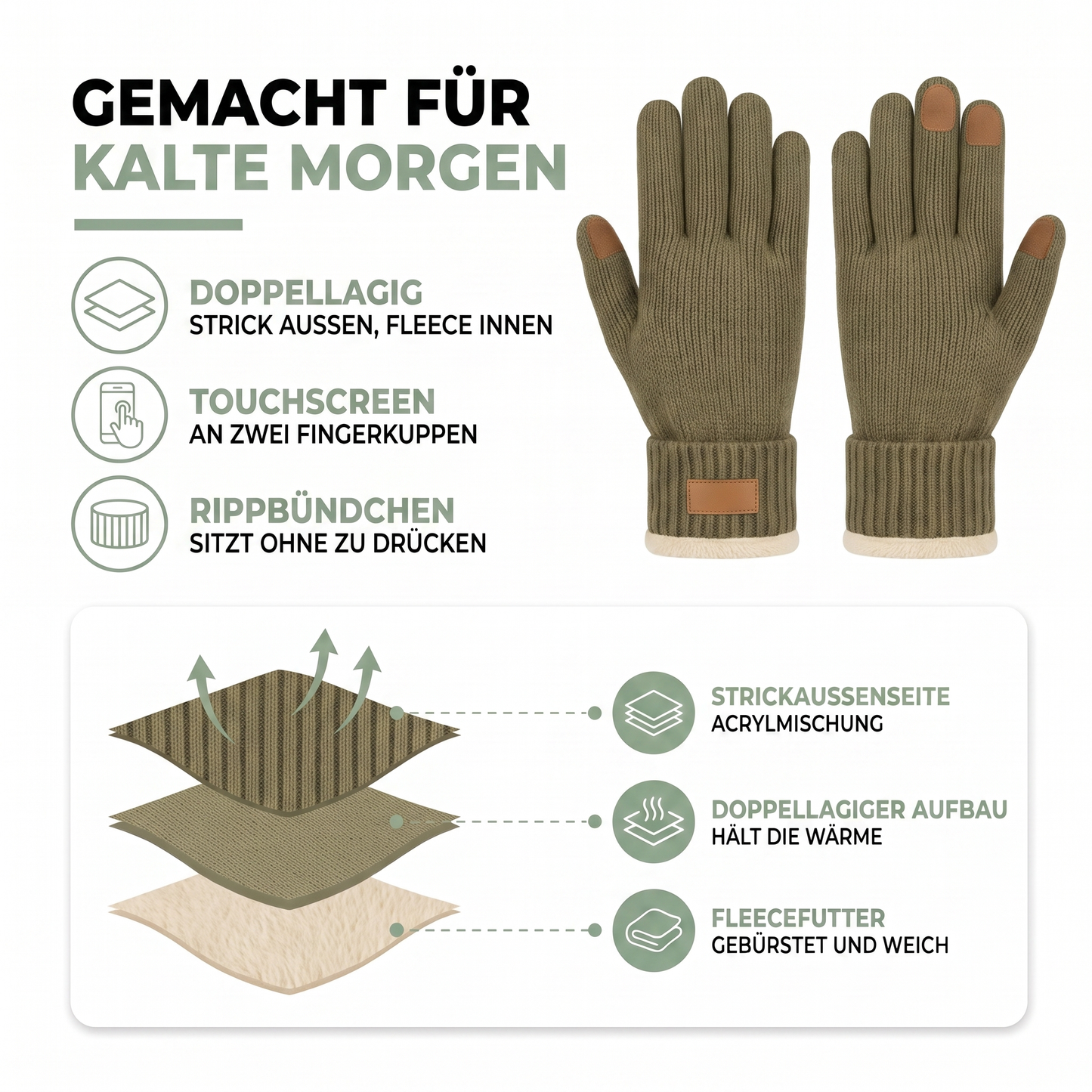 Aufbau der Strickhandschuhe: Strickaußenseite, doppellagiger Aufbau und gebürstetes Fleecefutter