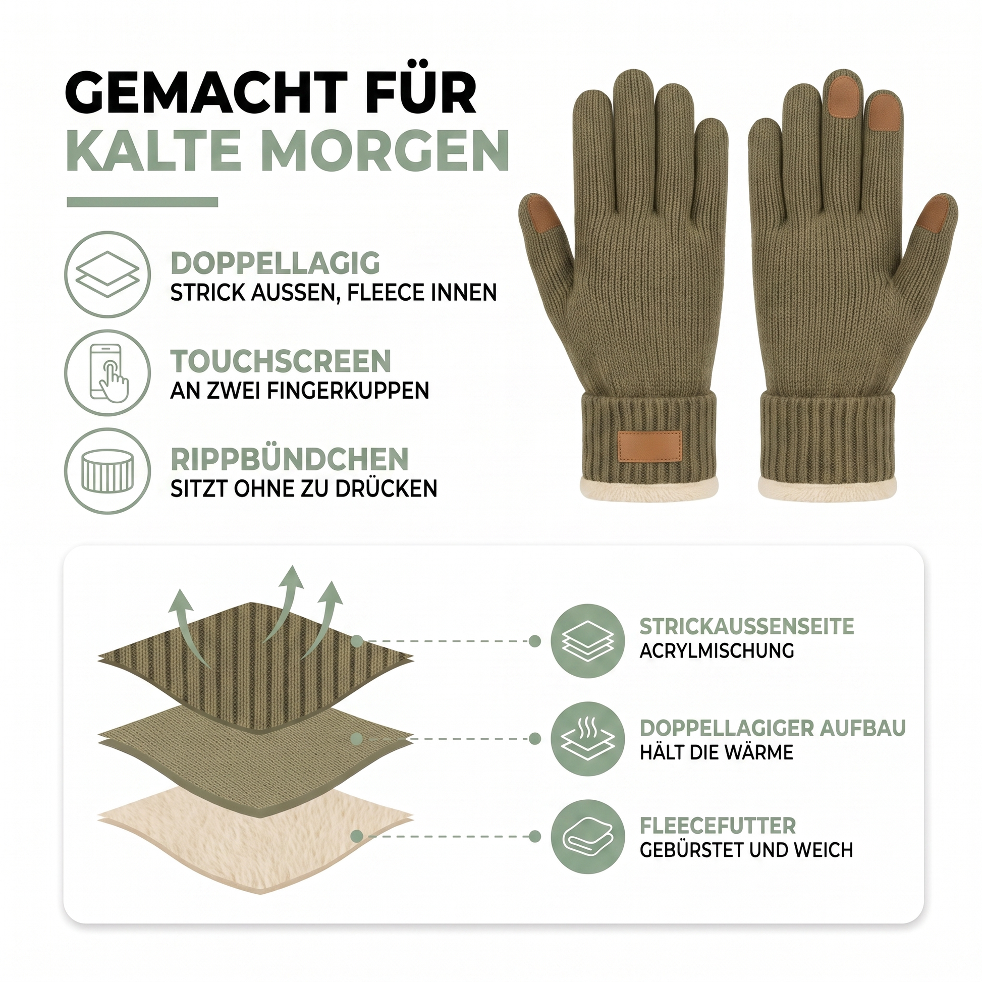 Aufbau der Strickhandschuhe: Strickaußenseite, doppellagiger Aufbau und gebürstetes Fleecefutter
