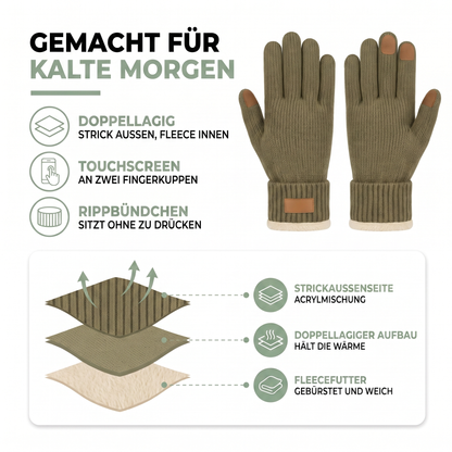 Aufbau der Strickhandschuhe: Strickaußenseite, doppellagiger Aufbau und gebürstetes Fleecefutter