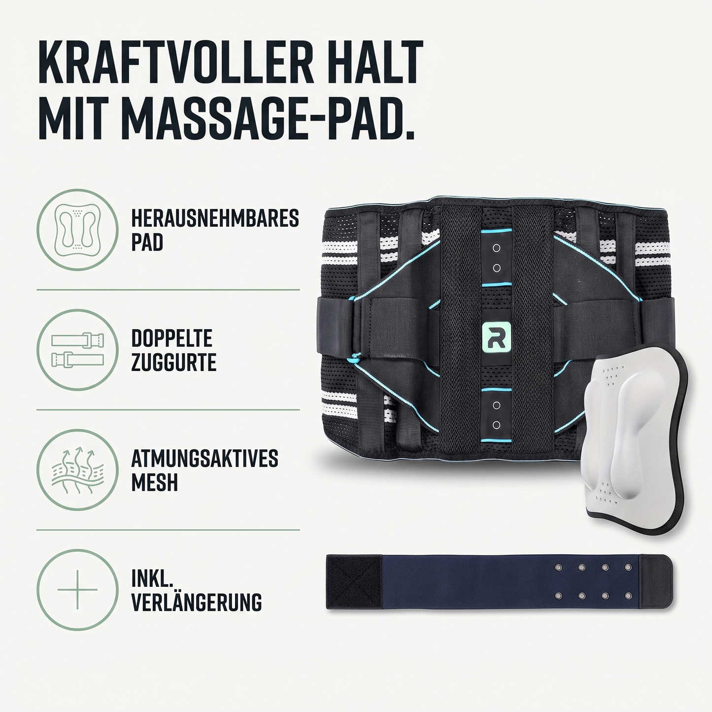 Rückenbandage mit Massage-Pad - Atmungsaktiv & Verstellbar - Inkl. Verlängerungsgurt - Hauptvorteile auf einen Blick