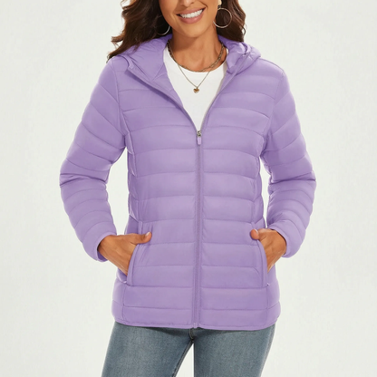 Leichte Steppjacke für Damen in Lila mit Kapuze und Reißverschlusstaschen