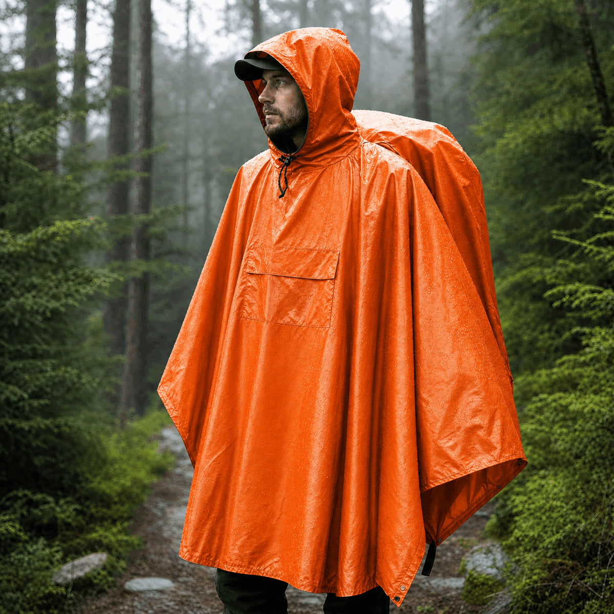 Oranger Regenponcho mit Kapuze im Regen getragen