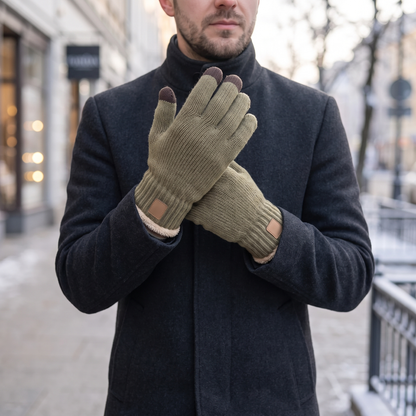 Mann trägt khakifarbene Strickhandschuhe mit Touchscreen-Kuppen auf einer winterlichen Stadtstraße