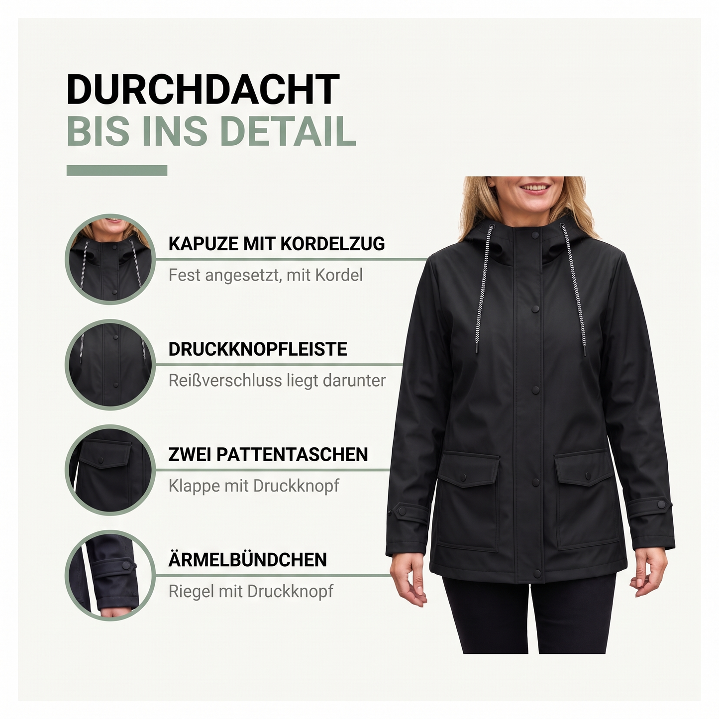 Regenjacke Damen mit Kapuze - Wasserdicht & Winddicht - Leicht Gefüttert