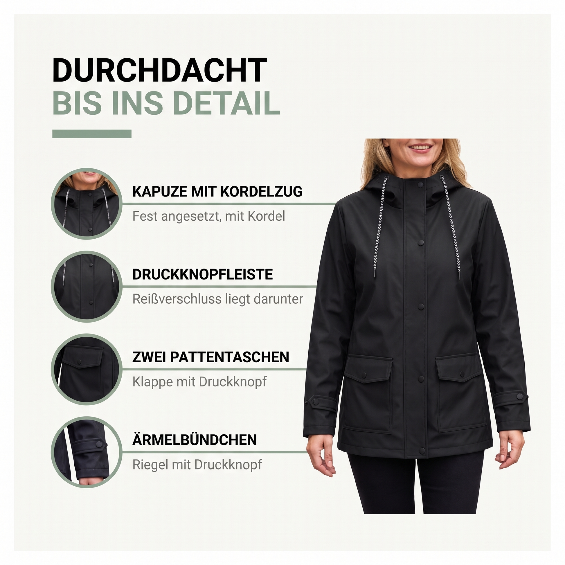Regenjacke Damen mit Kapuze - Wasserdicht & Winddicht - Leicht Gefüttert