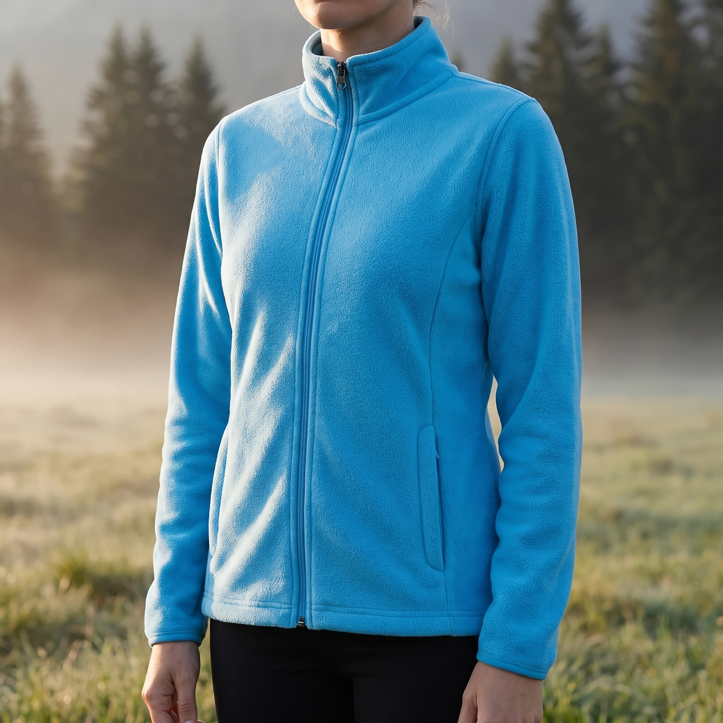 Frau in der azurblauen Fleecejacke auf einer nebligen Bergwiese