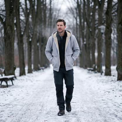 Kapuzenjacke Herren grau mit Sherpa-Futter und Zipper – im Winter getragen