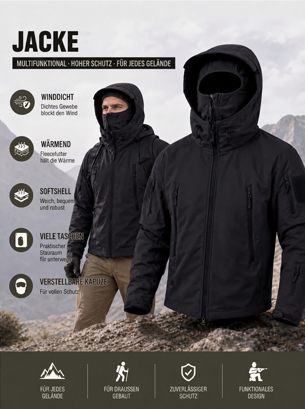 Infografik der Softshelljacke in Schwarz: winddicht, wärmend, viele Taschen, verstellbare Kapuze