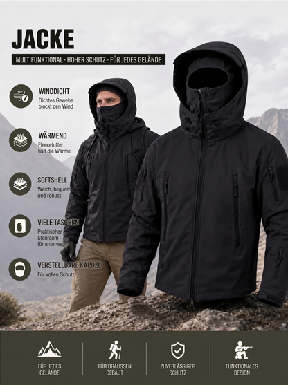 Infografik der Softshelljacke in Schwarz: winddicht, wärmend, viele Taschen, verstellbare Kapuze