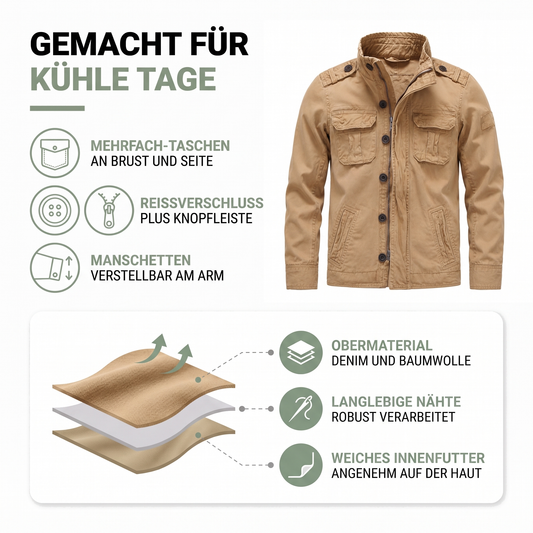 Materialaufbau der Übergangsjacke für Herren: Obermaterial aus Denim und Baumwolle mit weichem Innenfutter