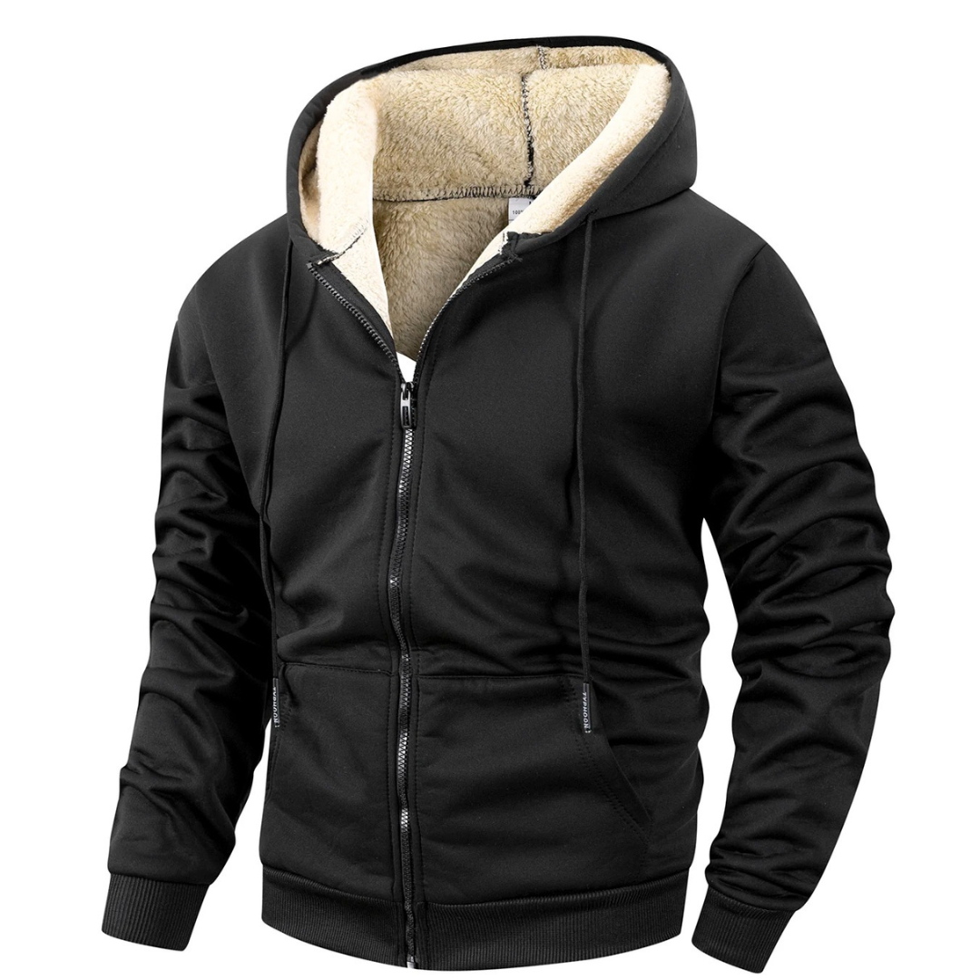 Fleecejacke Herren mit Kapuze sherpa-gefüttert schwarz