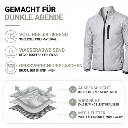 Materialaufbau der reflektierenden Jacke für Herren: Außenschicht, winddichte Schicht und Mesh-Futter