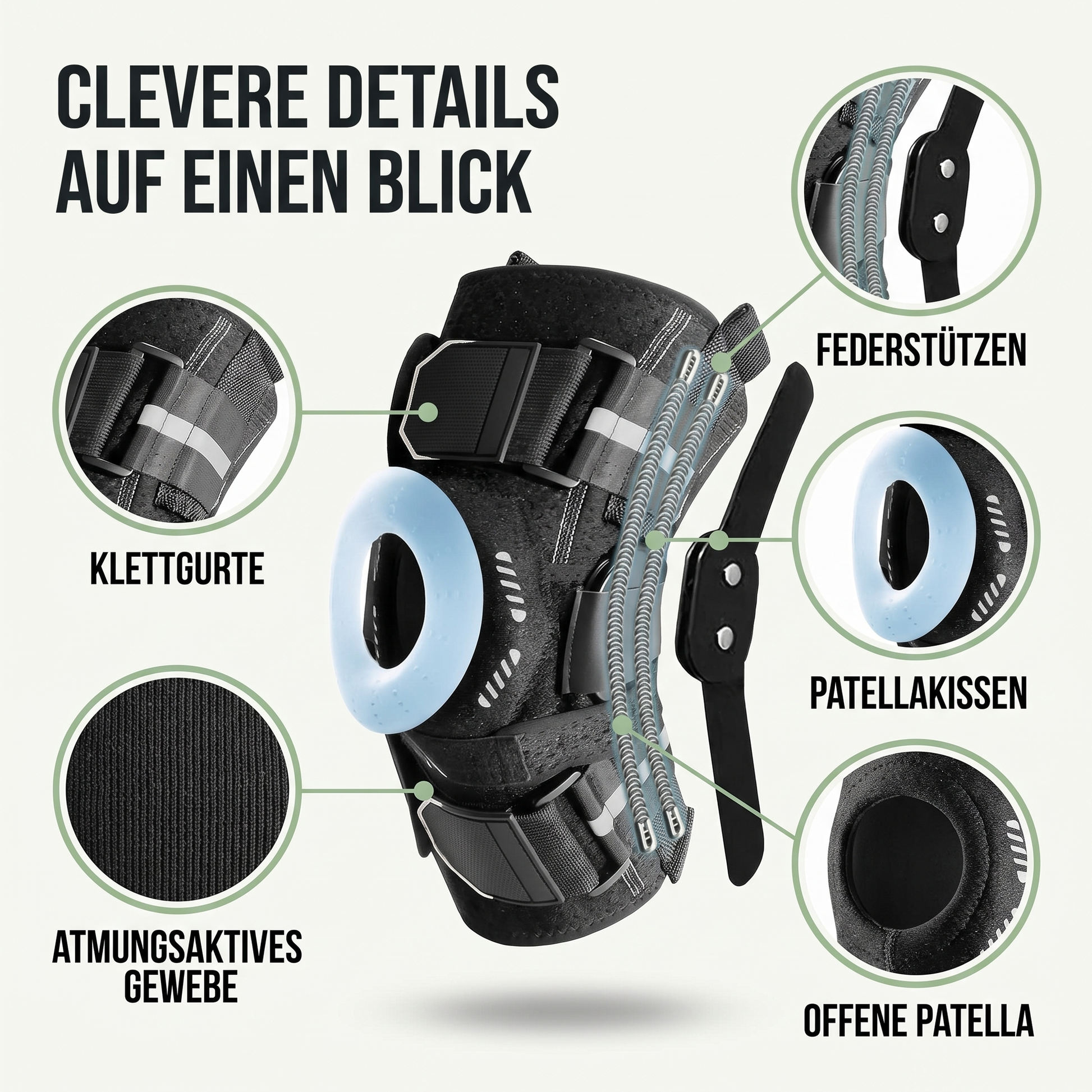 Kniebandage - Federstützen für Meniskus-Halt - Silikon-Patellakissen - Clevere Details