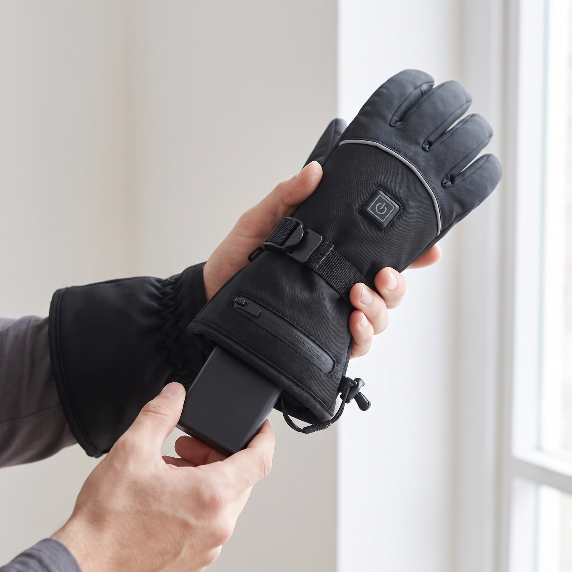 Der Akku wird in das Reißverschlussfach an der Stulpe des beheizten Handschuhs geschoben