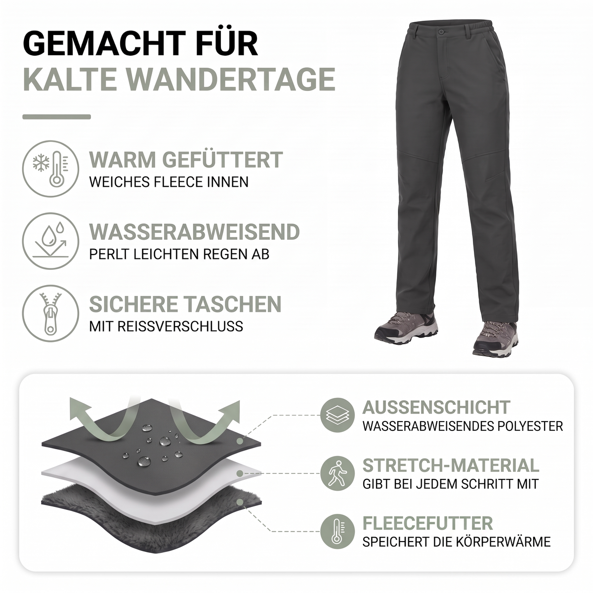 Materialaufbau der Winterwanderhose für Damen: wasserabweisendes Polyester außen, Fleecefutter innen
