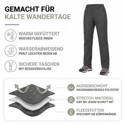 Materialaufbau der Winterwanderhose für Damen: wasserabweisendes Polyester außen, Fleecefutter innen