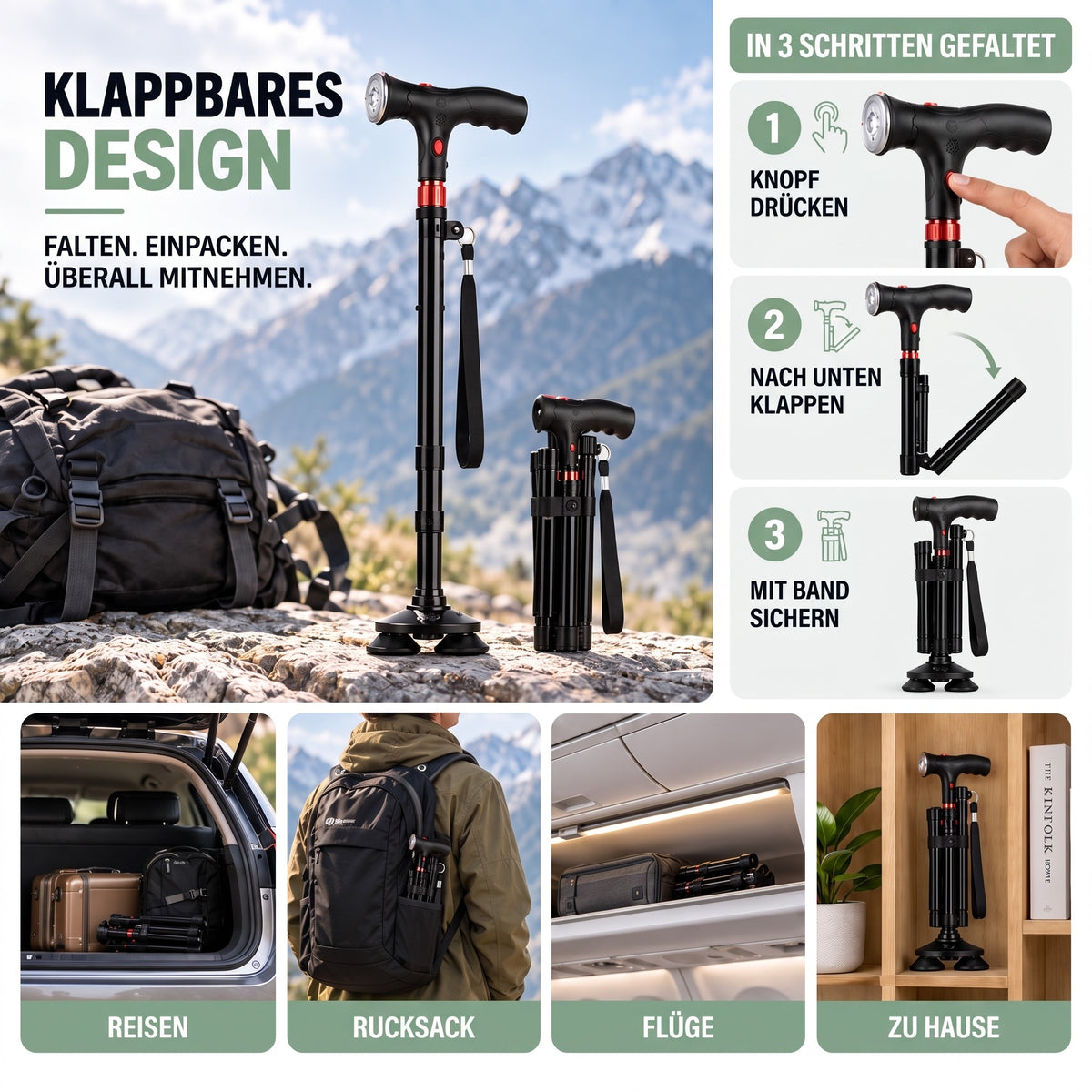 Gehstock klappbar – in 3 Schritten gefaltet für Reisen