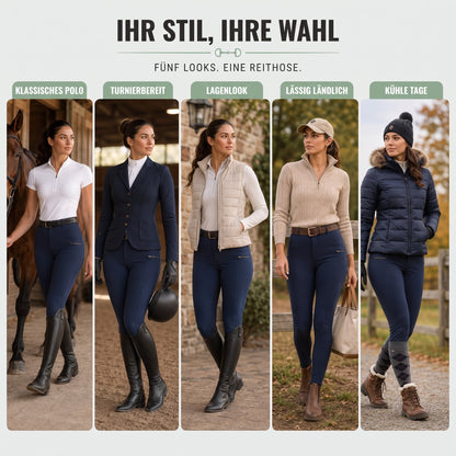 Reithose Damen in Marineblau in fünf Outfits kombiniert
