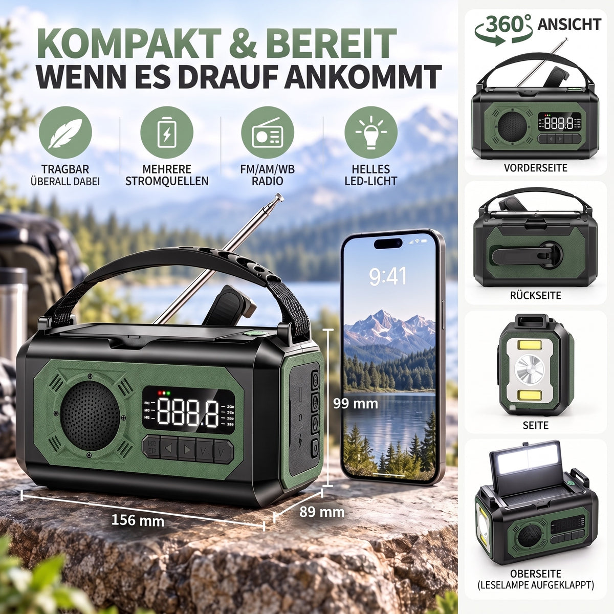 Kurbelradio kompakt: Maße 156 x 89 x 99 mm und Ansichten von allen Seiten