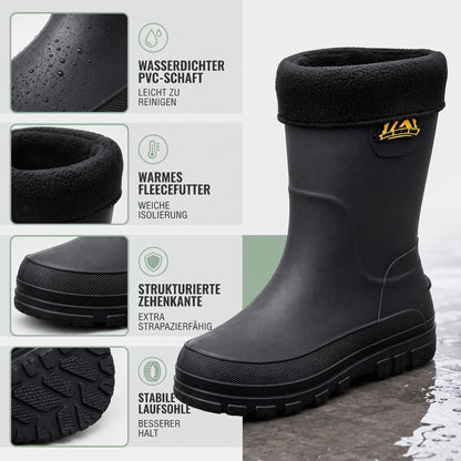 Gefütterte Gummistiefel – PVC-Schaft, Fleecefutter, Zehenkante und Laufsohle im Detail