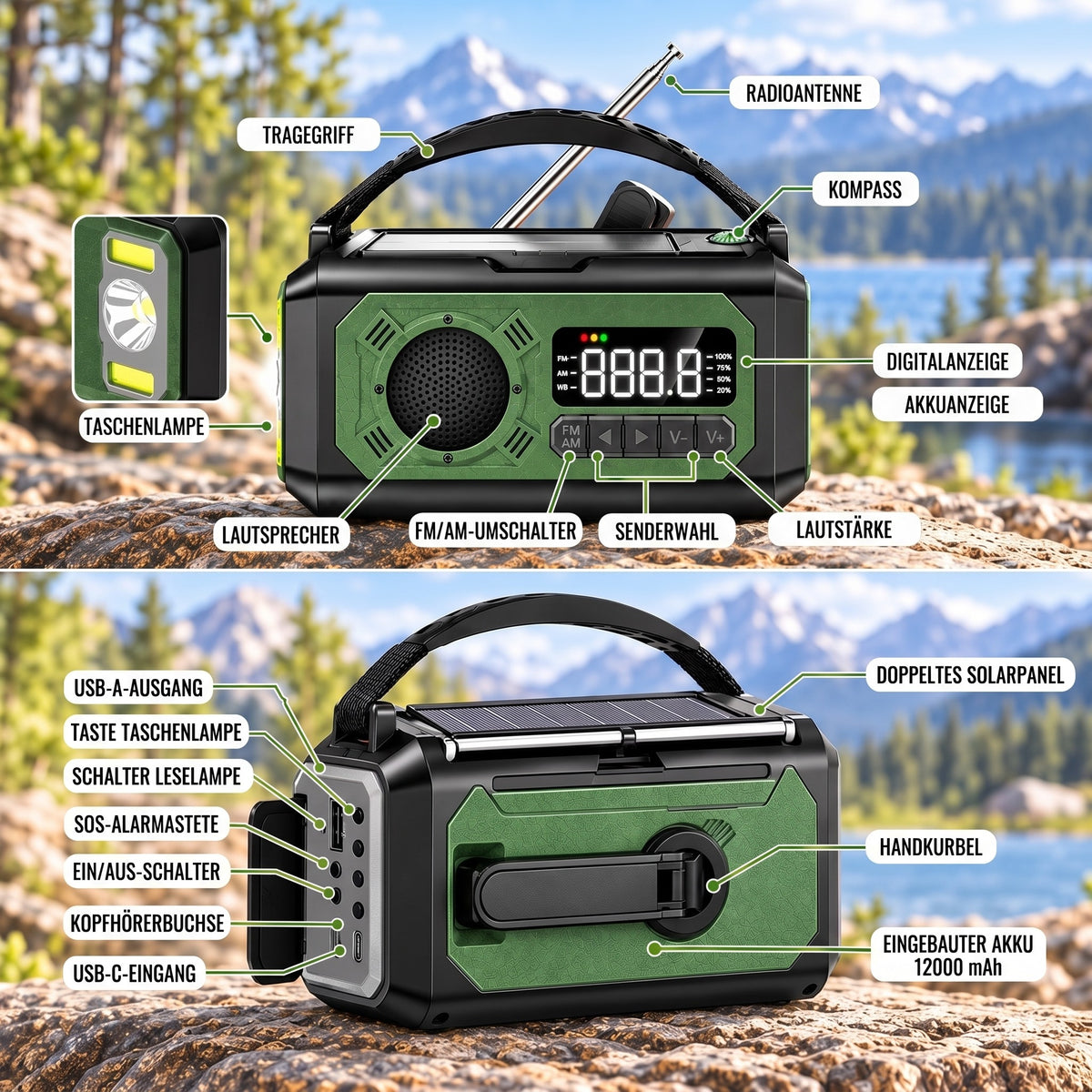Kurbelradio alle Tasten, Anschlüsse und Funktionen im Überblick