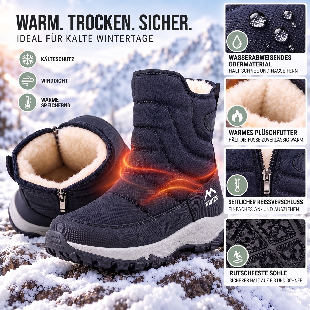 Winterstiefel Herren mit Plüschfutter, Reißverschluss und rutschfester Sohle