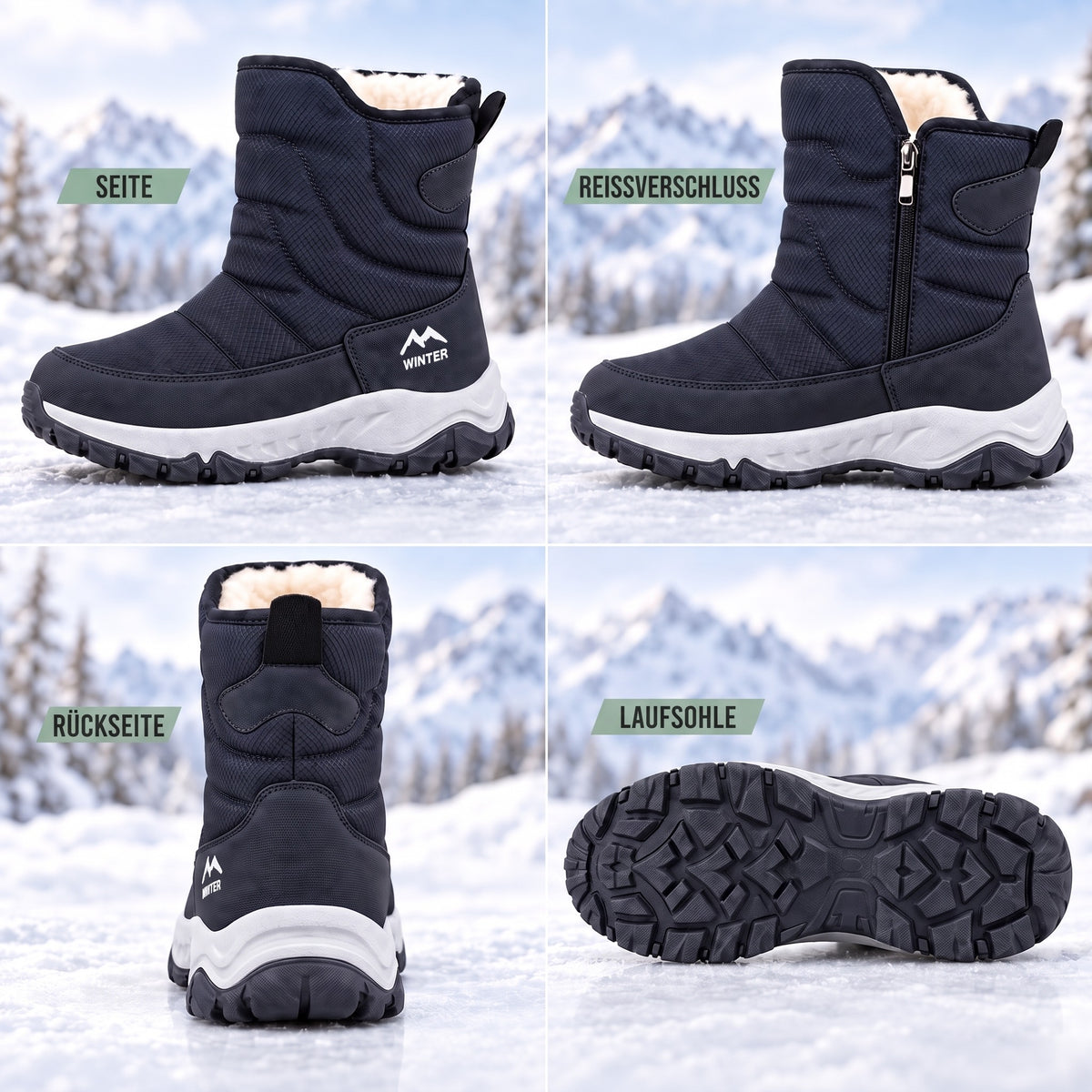 Winterstiefel Herren in Dunkelblau von allen Seiten mit Laufsohle