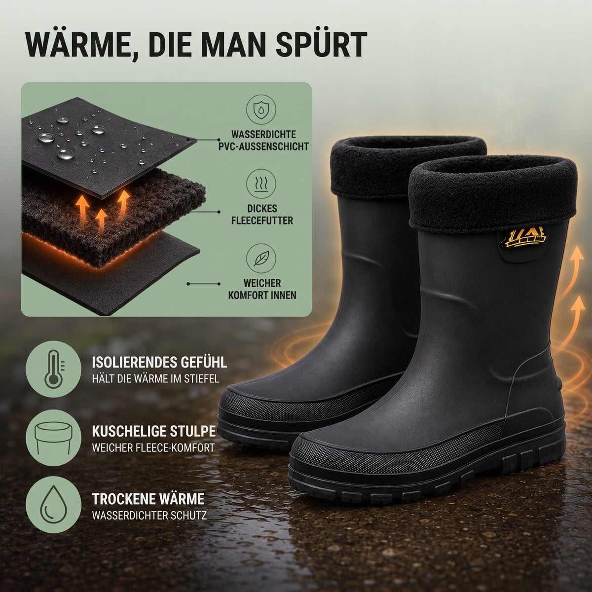 Gefütterte Gummistiefel – Schichtaufbau mit dickem Fleecefutter