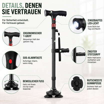 Gehstock klappbar – Details: T-Griff, Alarm, LED-Licht, Vierfuß
