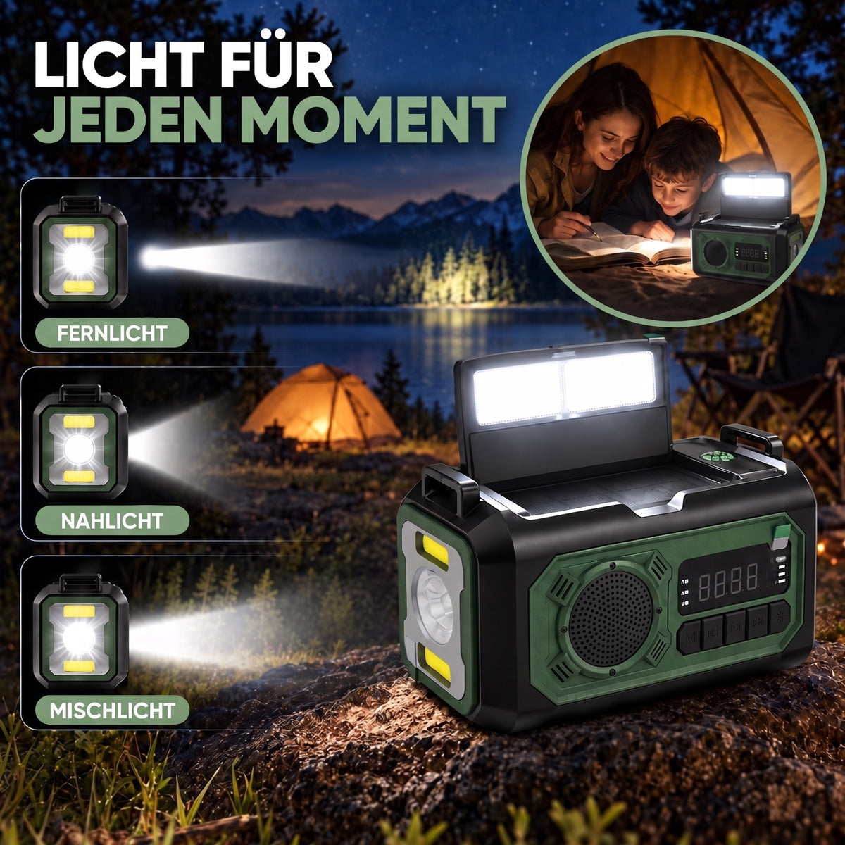 Kurbelradio Taschenlampe mit drei Lichtmodi und Leselampe bei Nacht