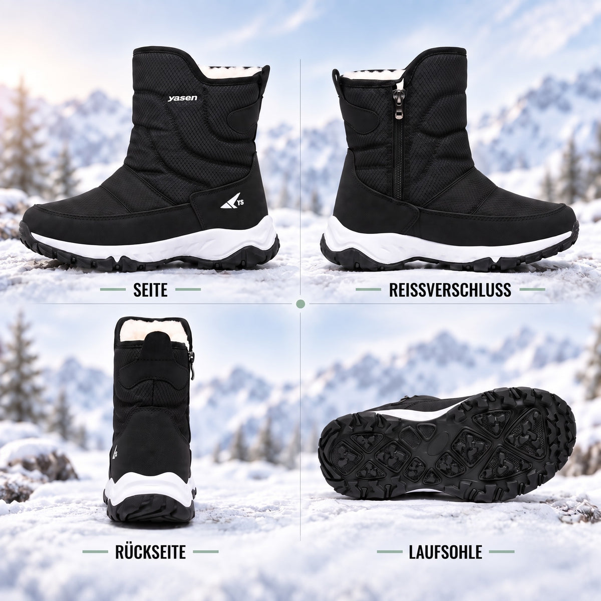 Winterstiefel Herren in Schwarz von allen Seiten mit Laufsohle