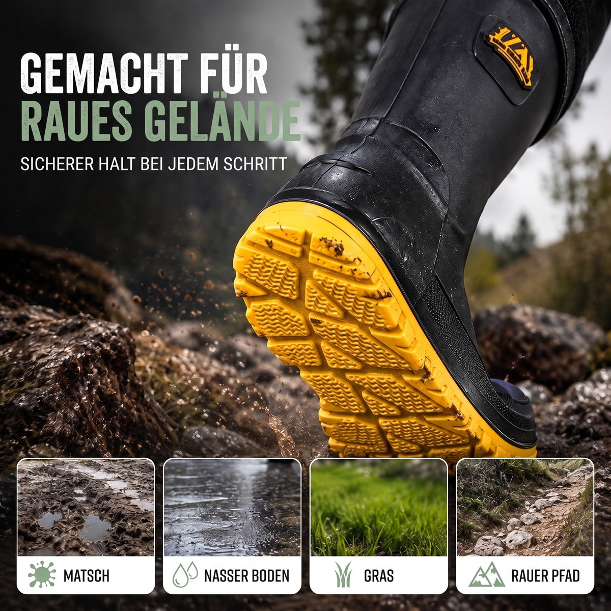 Gummistiefel Herren gefüttert – Profilsohle auf Matsch, Gras und Steinen
