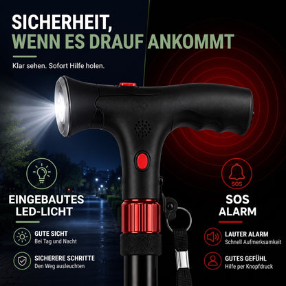 Gehstock mit LED-Licht und SOS-Alarm im Griff bei Nacht