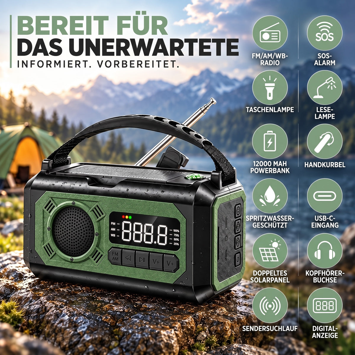 Kurbelradio alle zwölf Funktionen auf einen Blick