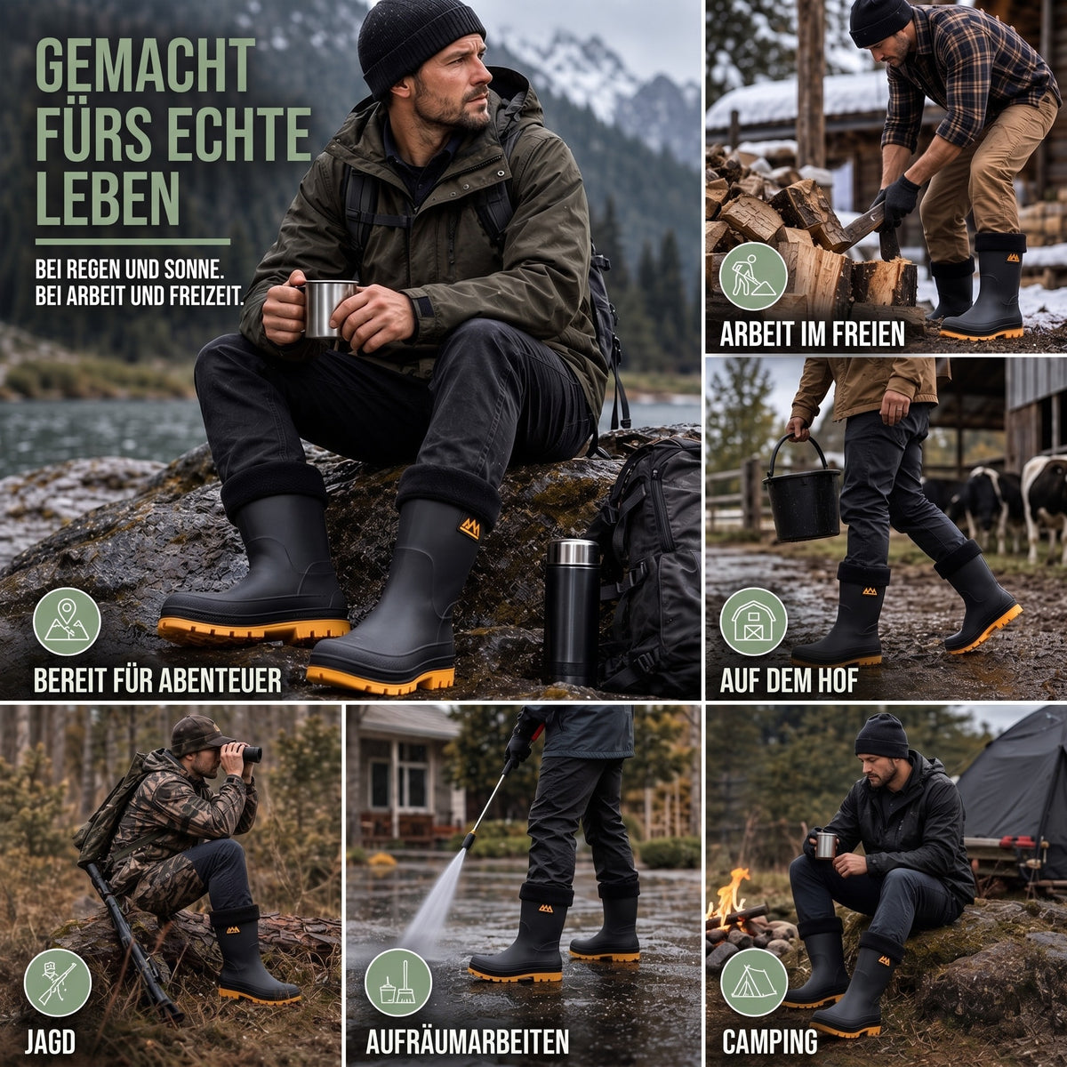 Gefütterte Gummistiefel im Einsatz bei Arbeit, Hof, Jagd und Camping