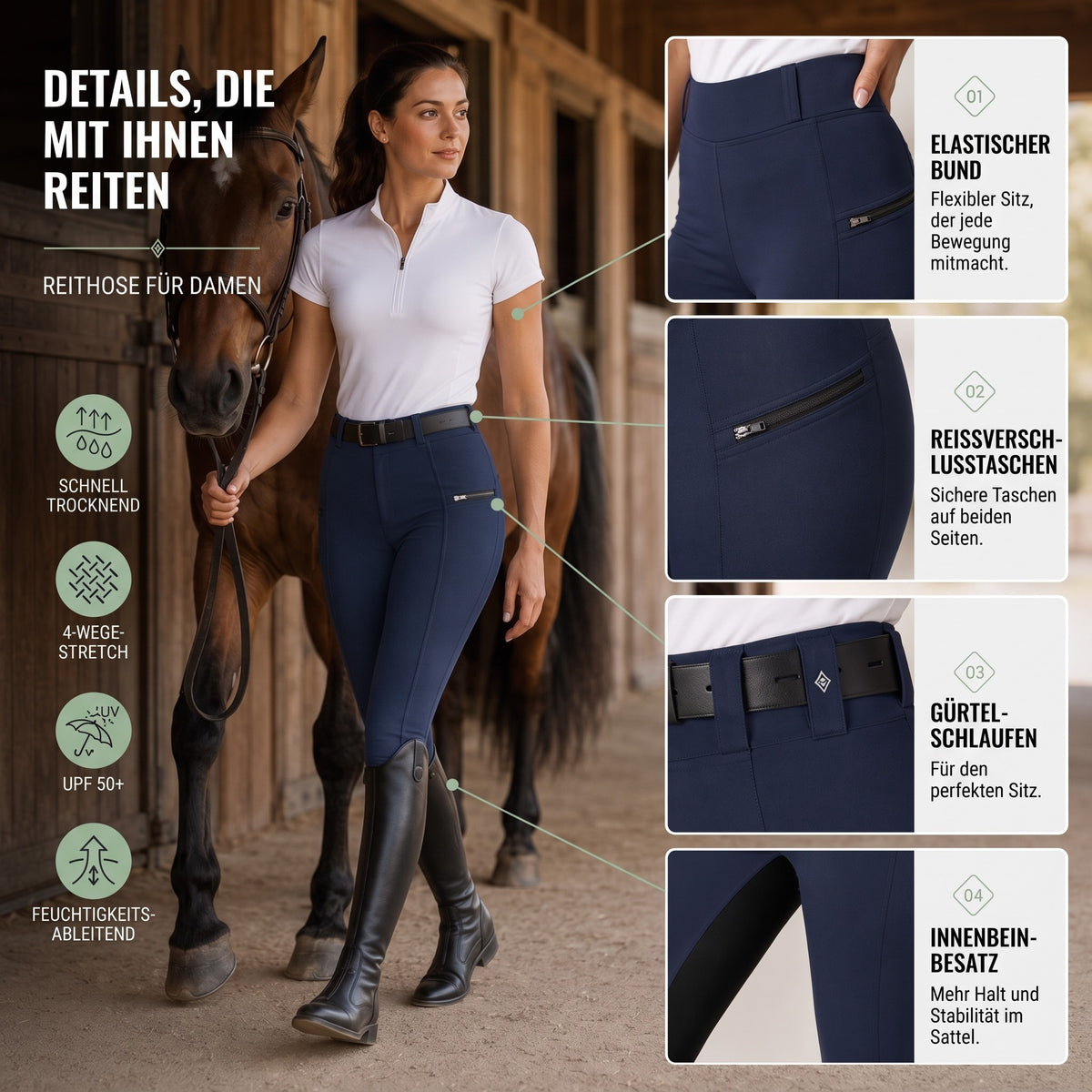 Reithose Damen Details: elastischer Bund, Reißverschlusstaschen, Gürtelschlaufen, Innenbein-Besatz