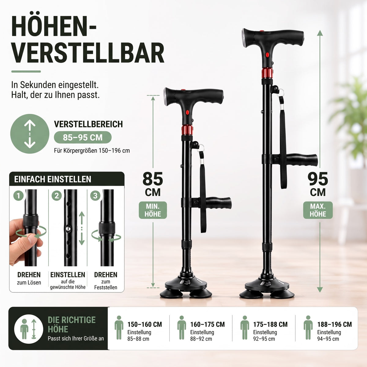 Gehstock höhenverstellbar – Einstellung in 3 Schritten