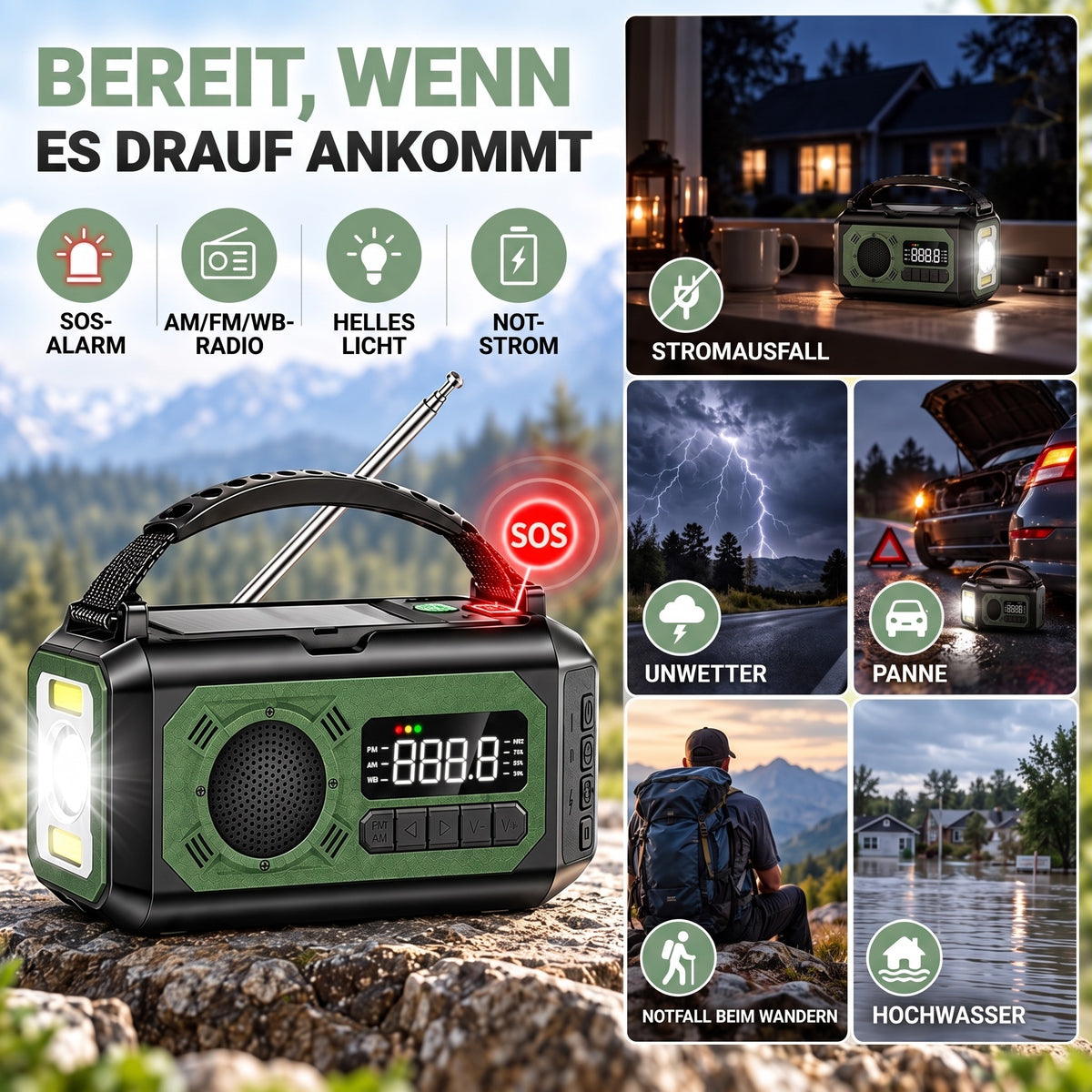Kurbelradio für Stromausfall, Unwetter, Panne und Hochwasser
