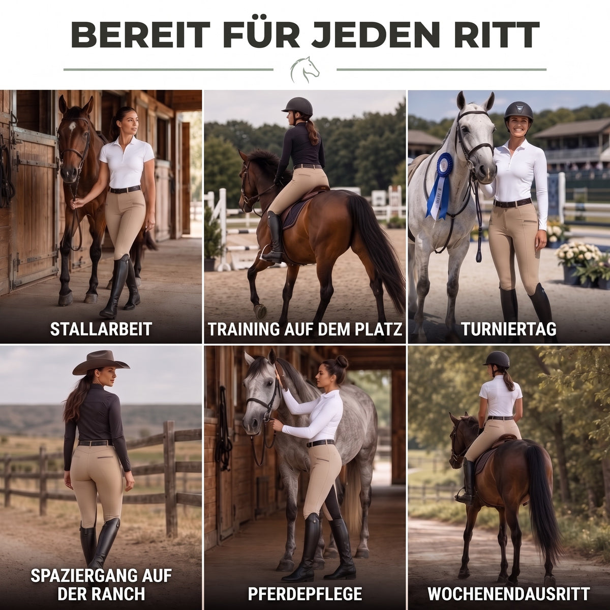 Reithose Damen im Einsatz: Stallarbeit, Training, Turnier und Ausritt