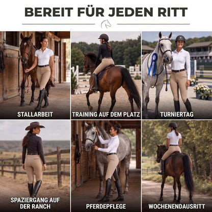Reithose Damen im Einsatz: Stallarbeit, Training, Turnier und Ausritt
