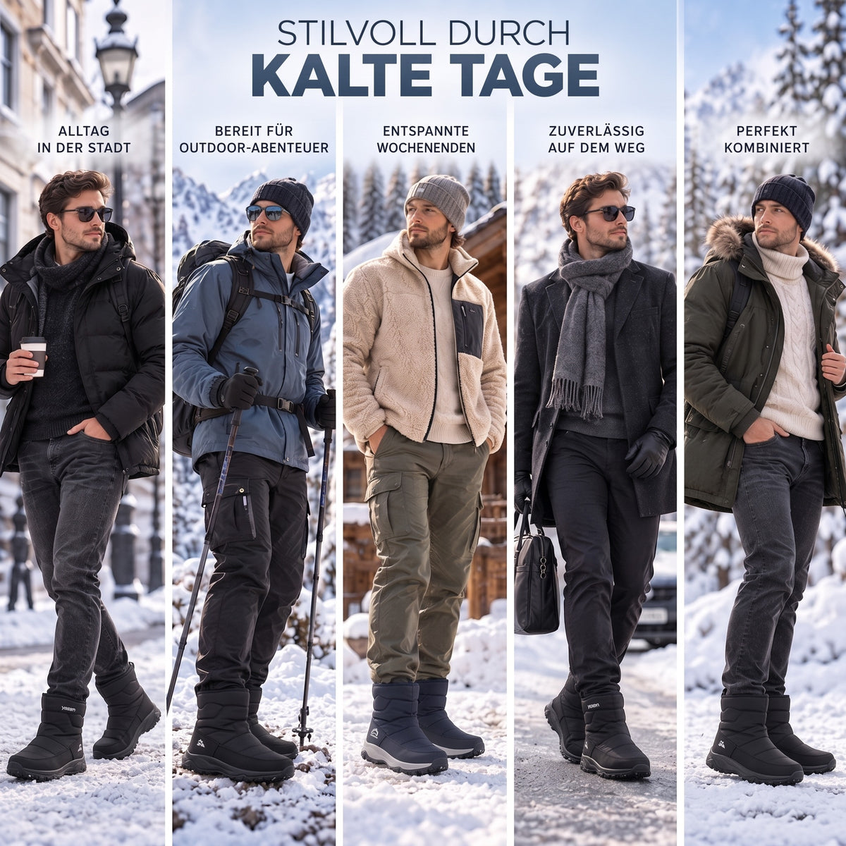 Winterstiefel Herren in fünf Winter-Outfits kombiniert