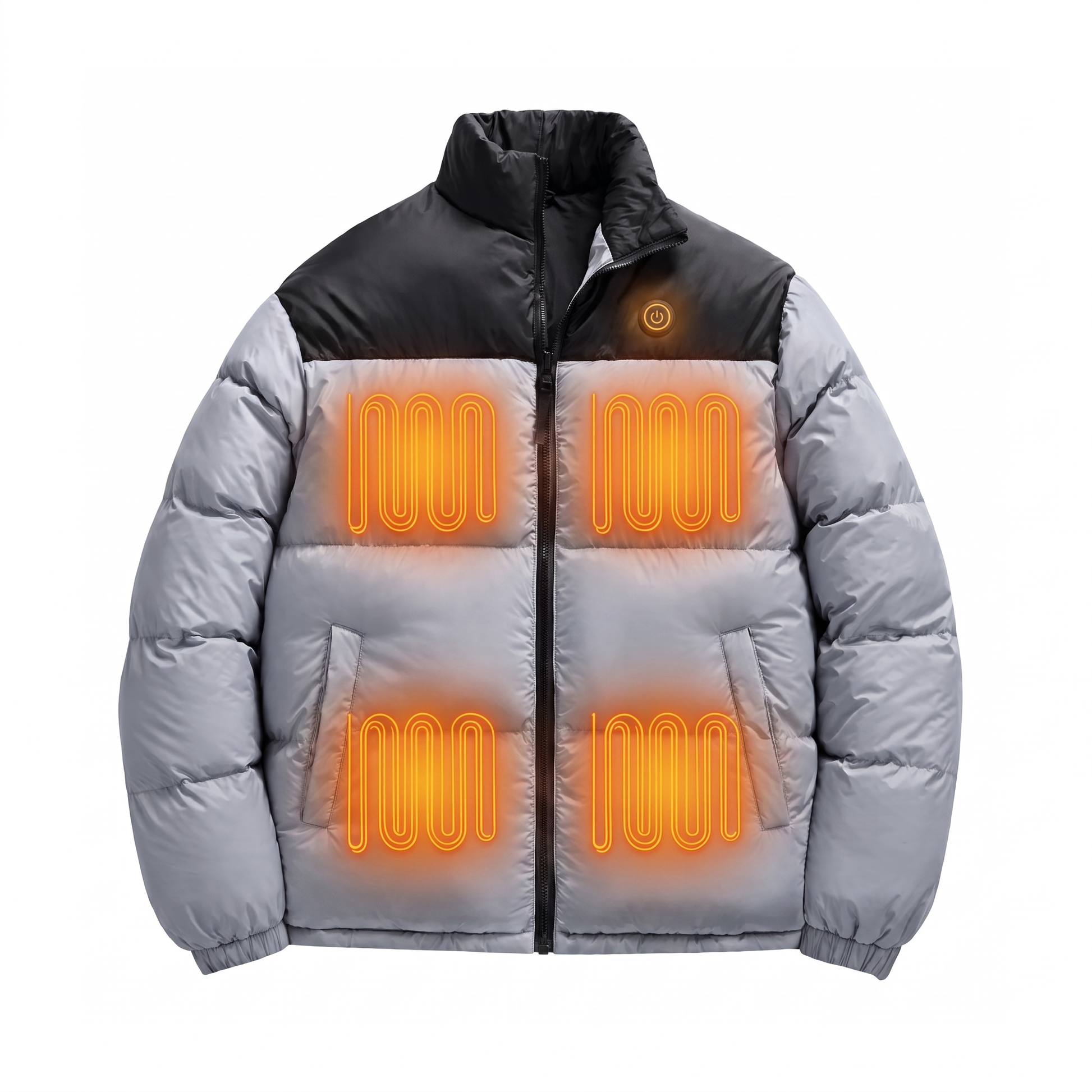 Beheizte Steppjacke in Grau mit leuchtenden Heizzonen an Brust und Bauch, Studio-Produktfoto