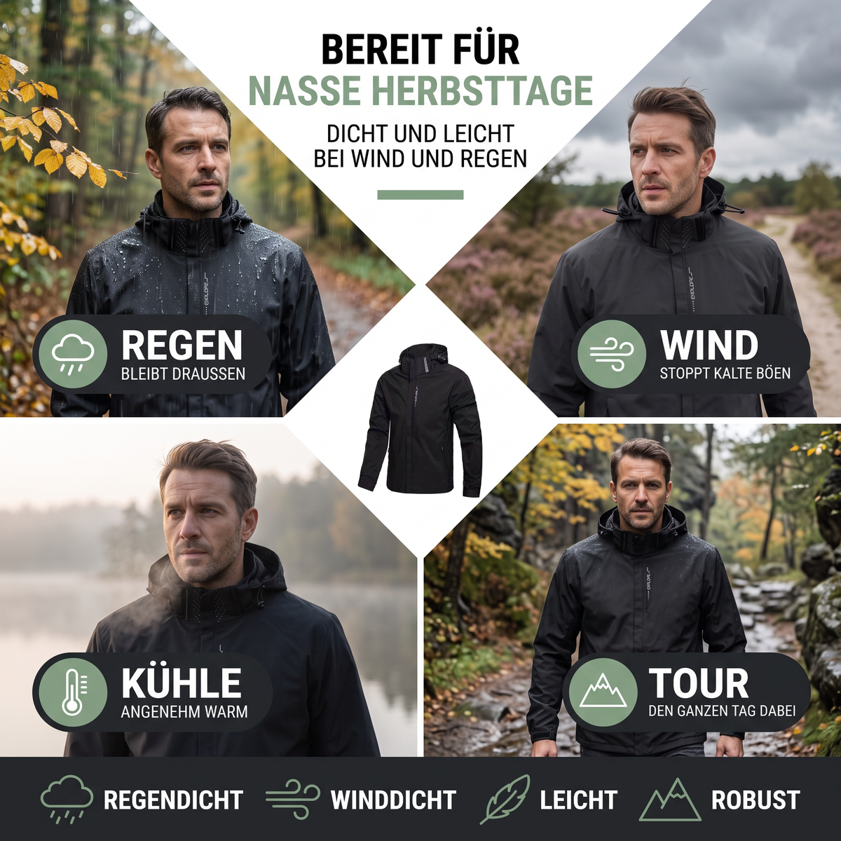 Übergangsjacke Herren - Wasserdicht & Winddicht - Abnehmbare Kapuze