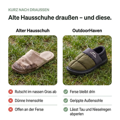 Alter Hausschuh im nassen Gras neben dem Hausschuh mit geschlossener Ferse