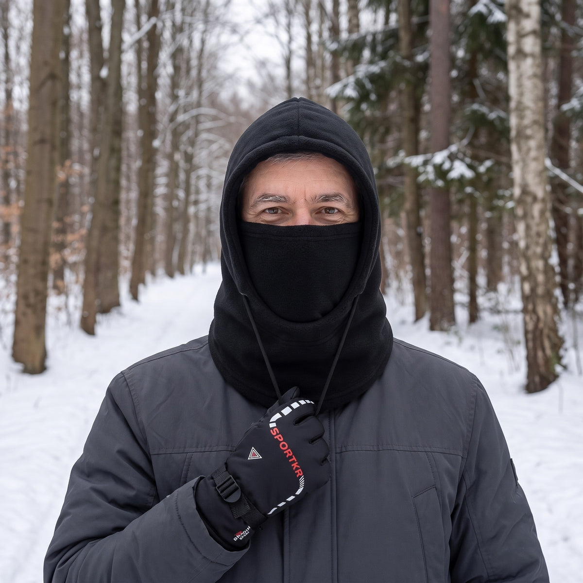 Sturmhaube aus schwarzem Fleece mit Handschuhen, getragen beim Winterspaziergang im verschneiten Wald