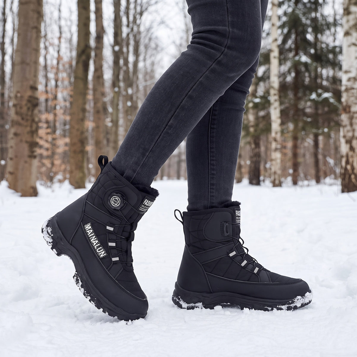 Winterstiefel Damen in Schwarz beim Spaziergang im verschneiten Wald